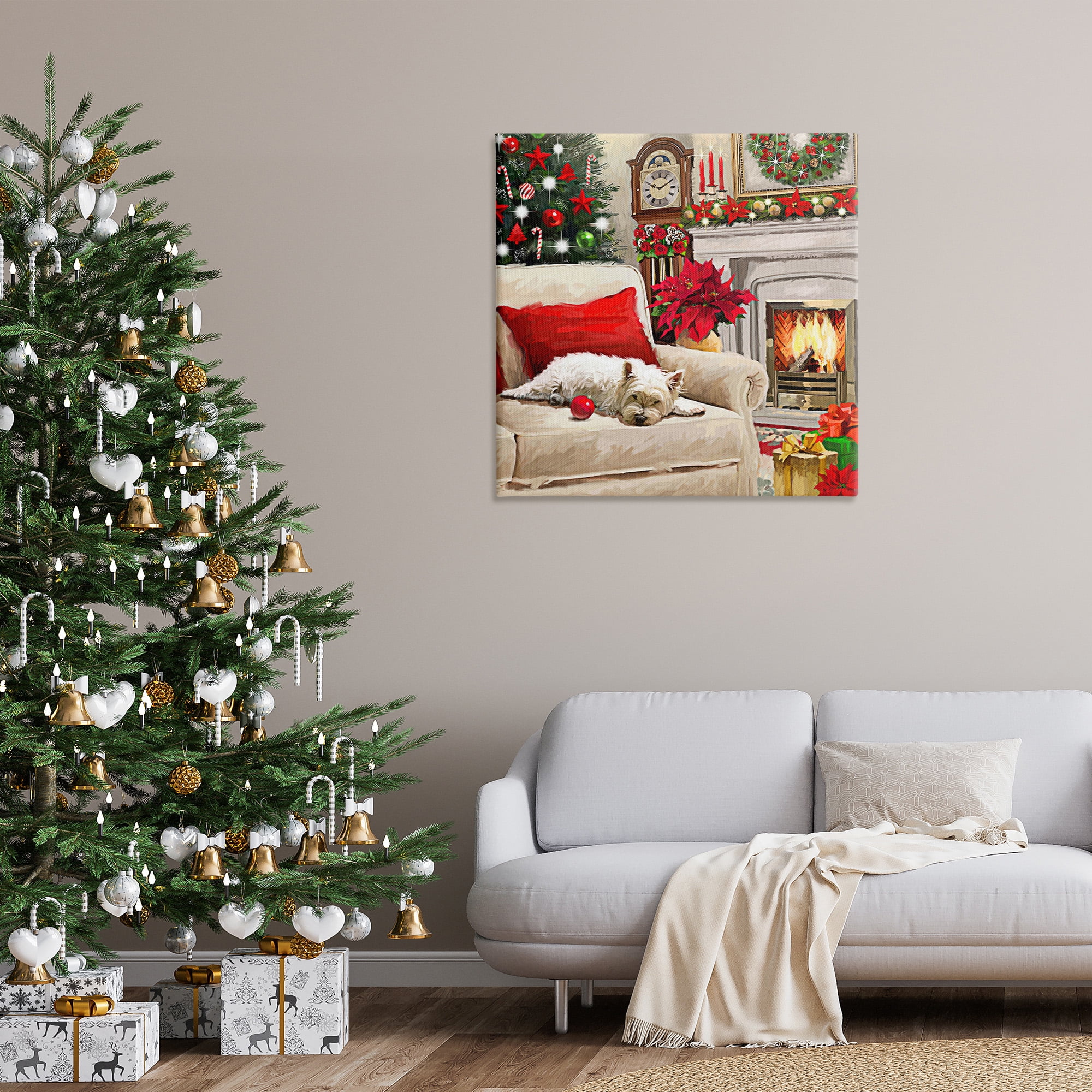 Stupell Industries Cozy Dog by Holiday Mantle Holiday Painting Gallery Wrapped Canvas Art Print Wall Art, 36 x 36