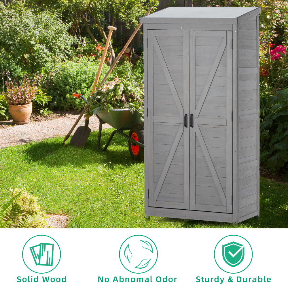 68" Cedar Wood Outdoor Storage Cabinet with Metal Top - Gray Garden Shed for Patio, Deck, Yard - Durable, Waterproof, Magnetic Closure