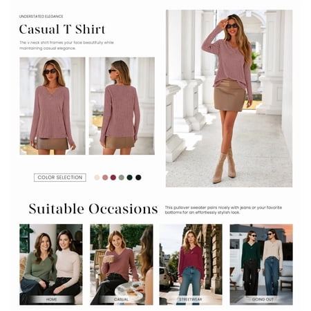 PRETTYGARDEN Women's Long Sleeve Shirts Fall Fashion Clothes Casual Ribbed V Neck Loose Tunic Tops Lightweight Sweaters