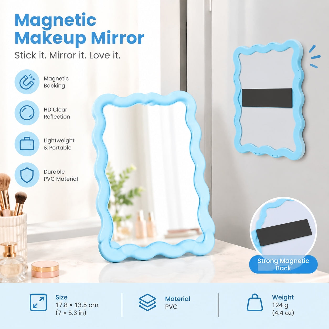 Magnetic Makeup Mirror with Blue Wavy Frame Small HD Single-Sided Vanity Mirror 7 x 5.3 in Portable Travel Mirror for Iron Cabinets and Metal Surfaces 4.4 oz Lightweight PVC Tabletop Mirror