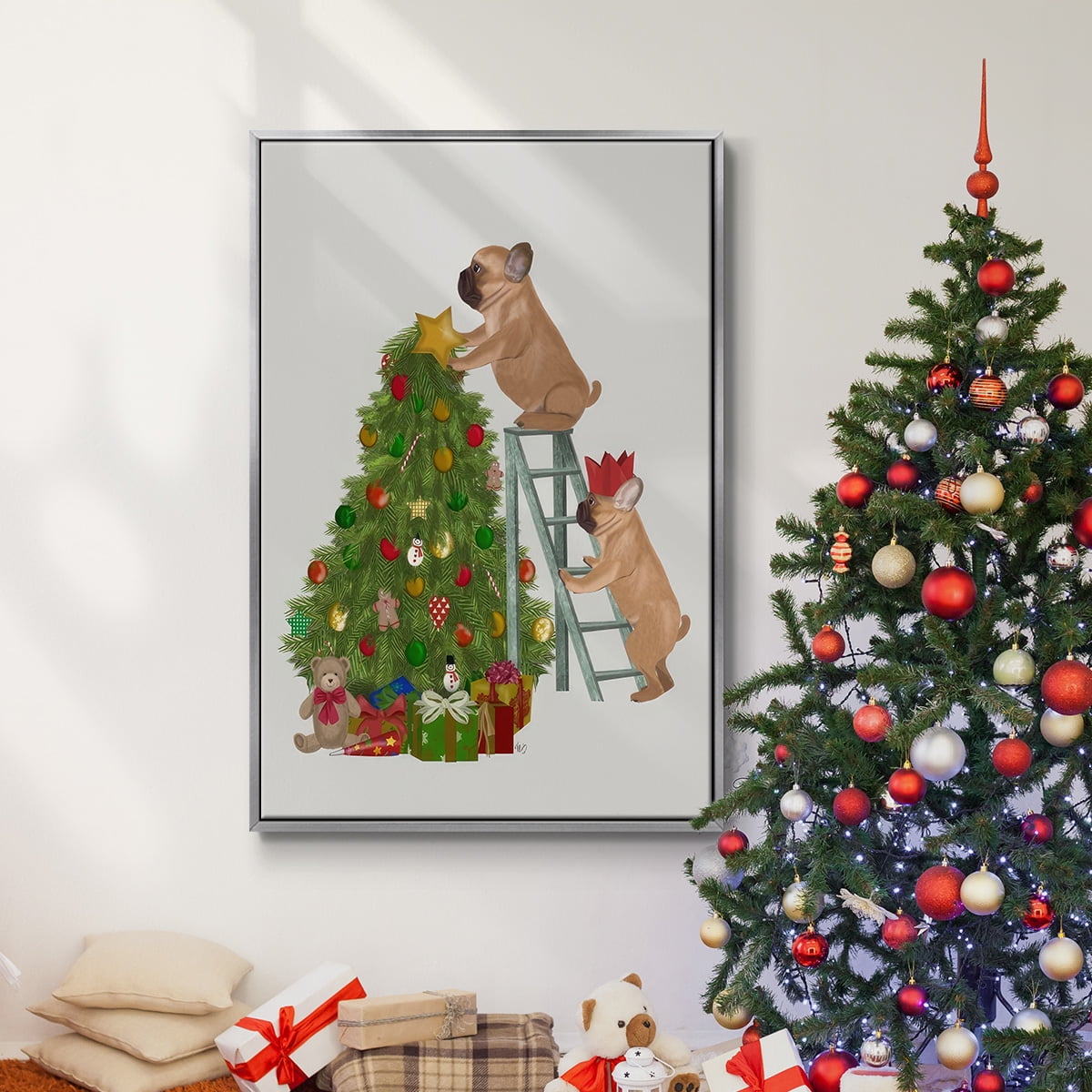 Christmas French Bulldog Tree Ladder - Framed Gallery Wrapped Holiday Canvas - 27 x 41 - Silver Frame