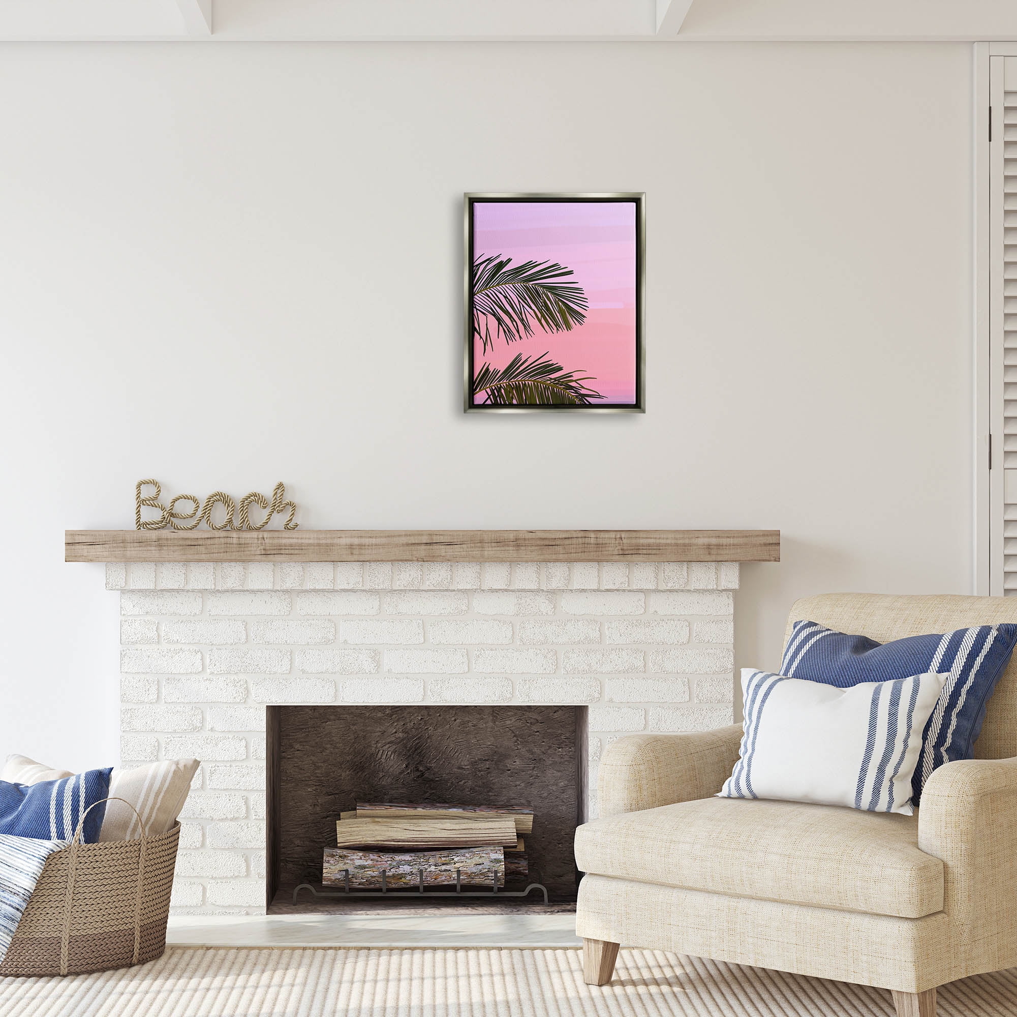 Stupell Industries Pink & Purple Sunset Palm Leaves Coastal Painting Gray Floater Framed Art Print Wall Art