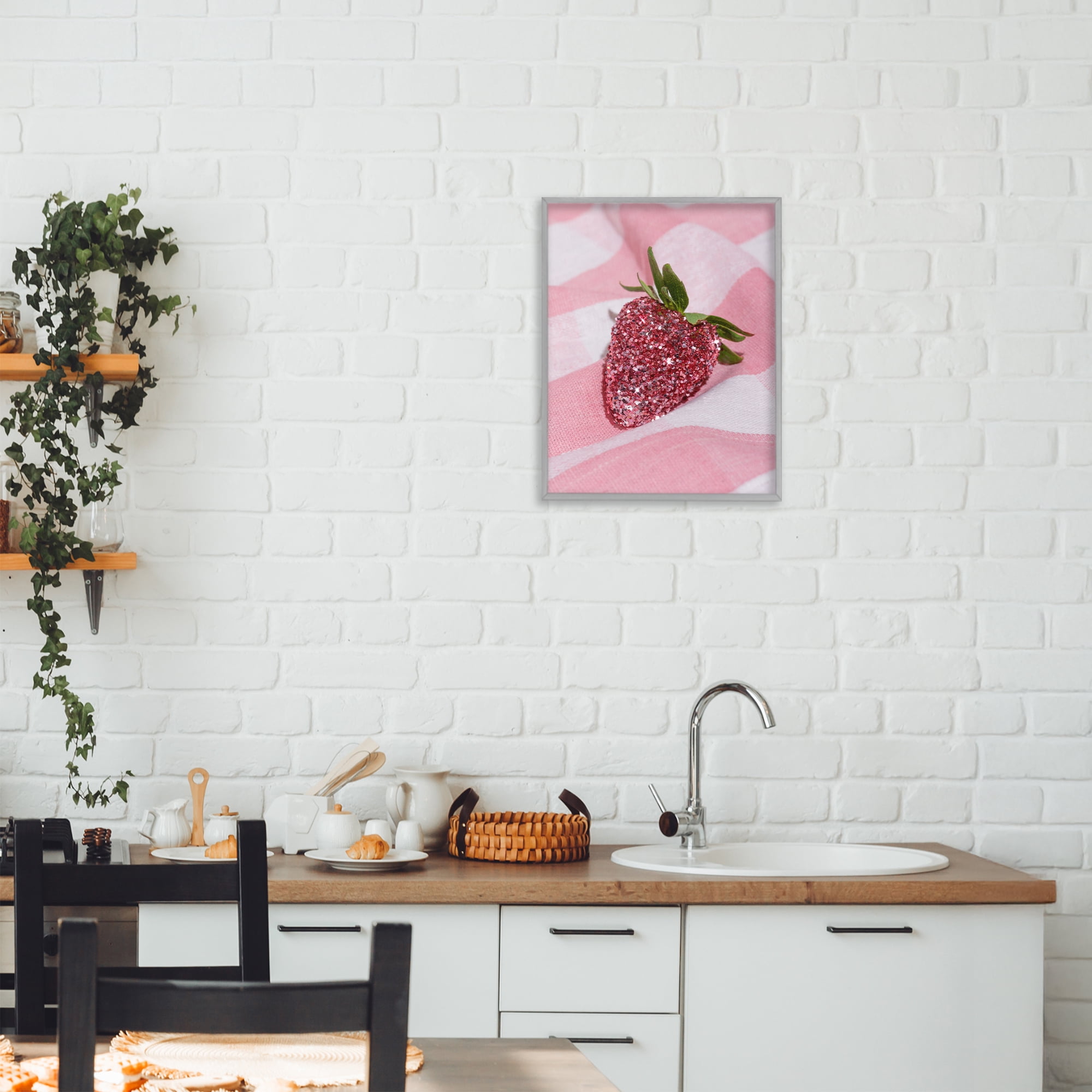 Stupell Industries Glimmer Strawberry on Pink Gray Framed Giclee Art, design by LISH Creative