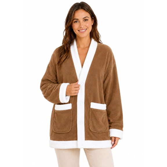 APEXFWDT Women's Flannel Fleece Bed Jacket V Neck Button Front Soft Warm Coat Long Sleeves Front Pockets Lounge Coverup with Pockets,XXXL,Brown