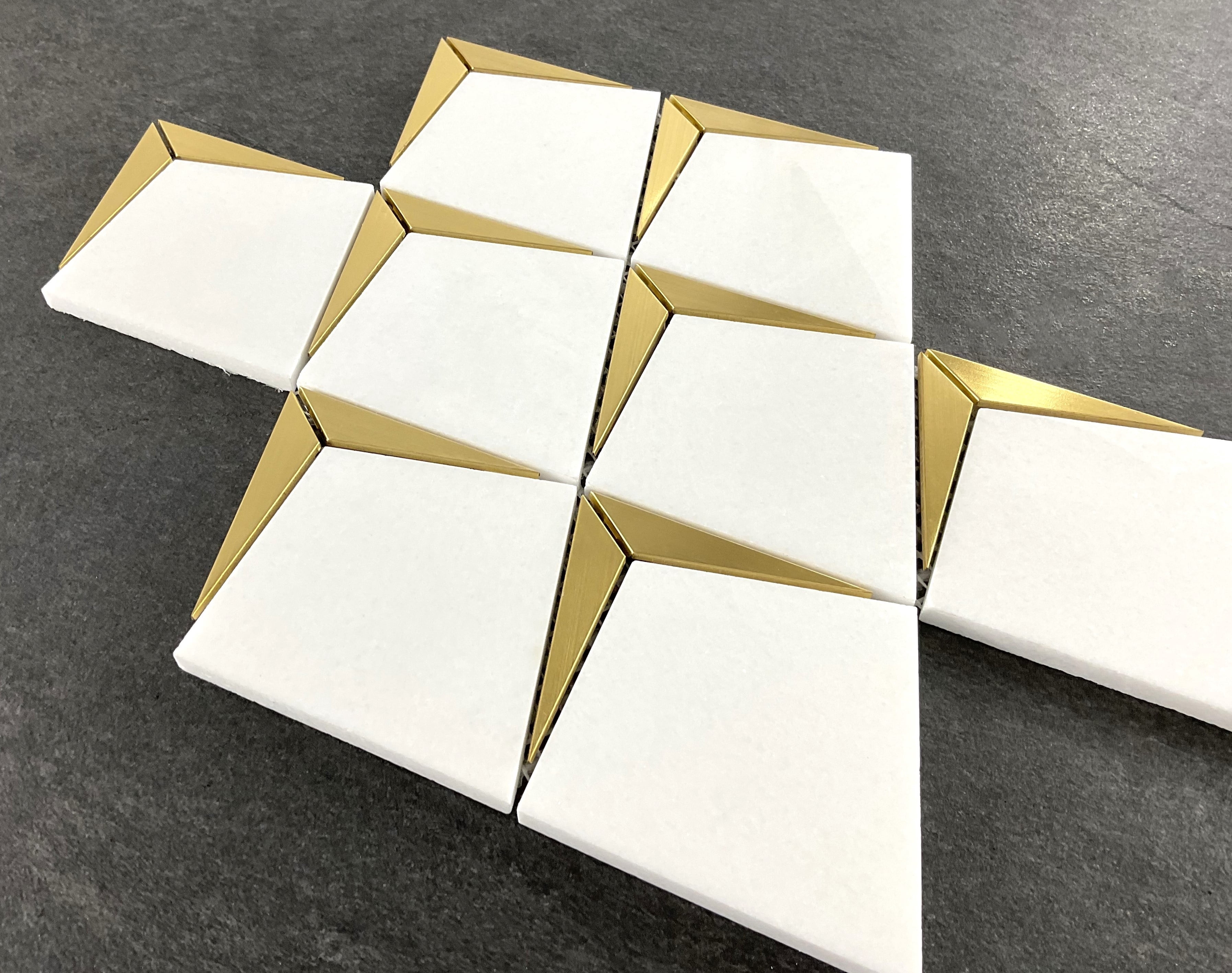 Thassos White Kite Shape With Gold Metal Mosaic Tile - Case (10 Sheets)