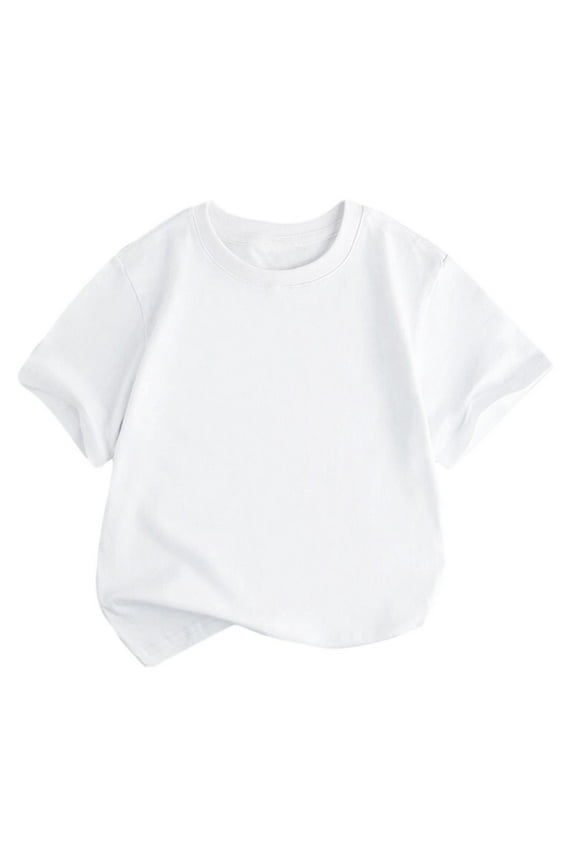 Kids Short Sleeve T-Shirt, Loose Fit Drop Shoulder Crewneck Tee with Curved Hem, Solid Color Casual Everyday Top for Toddler Boys and Girls