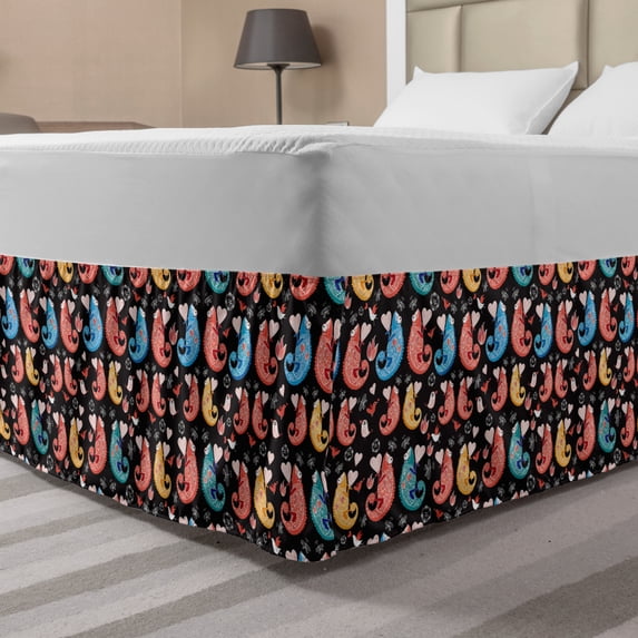Chameleon Bed Skirt, Love Themed Pattern of Oriental Ornamental Reptiles Holding Hearts, Elastic Bedskirt Dust Ruffle Wrap Around for Bedding Decor, 4 Sizes, Charcoal Grey Multicolor, by Ambesonne