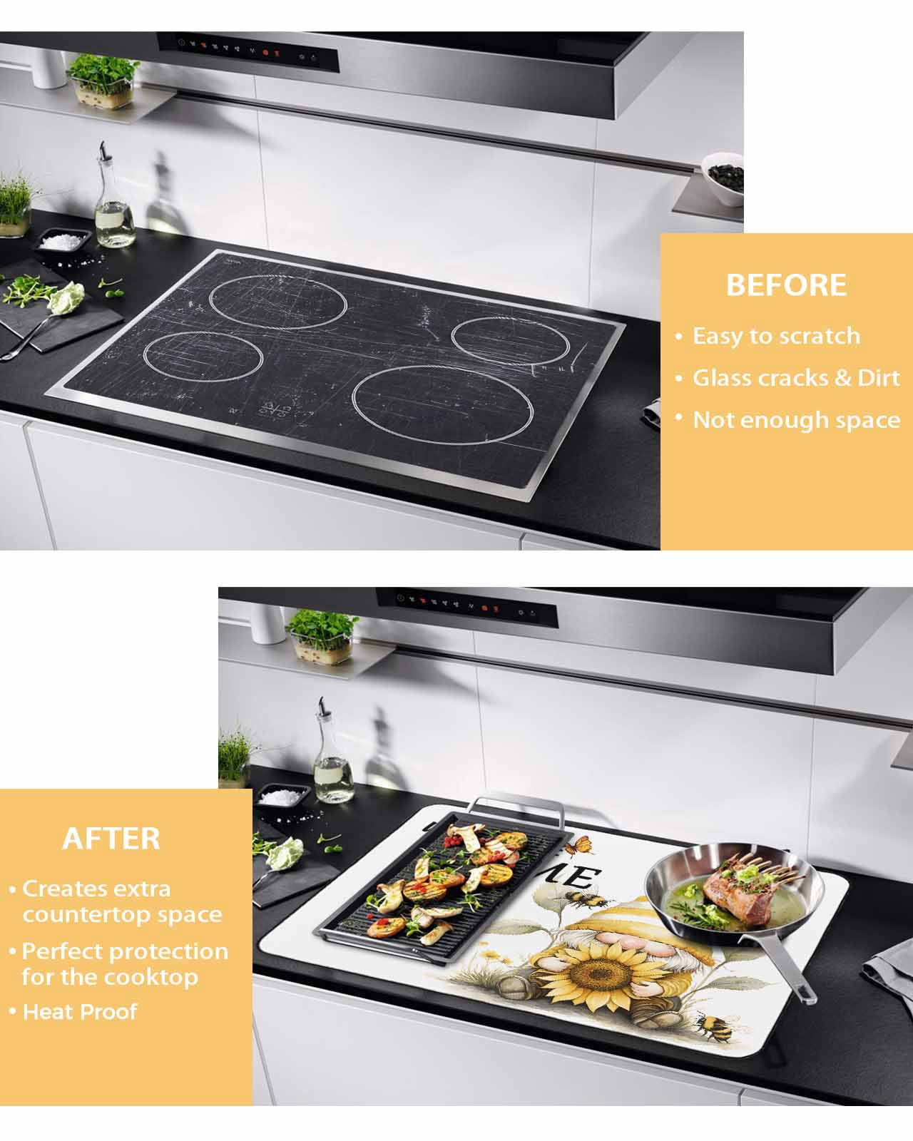 nqOlkjepod Large Induction Cooktop Protector Mat 28.5"x20.5", Yellow Sunflower Stove Top Covers for Electric Stove, Gnomes Vintage Bee Butterfly Art Stove Burner Cover Mats, Glass Top Stove Cover