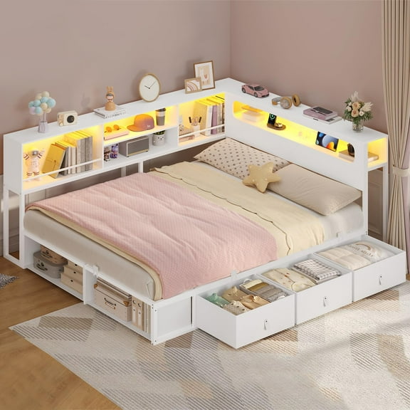 Full Size Corner Bed Frame with Bookcase Storage & Led Lights,Metal Platform Bed Frame with Storage Drawers and Charging Station,Daybed for Living Room,Bedroom,Guest Room,White