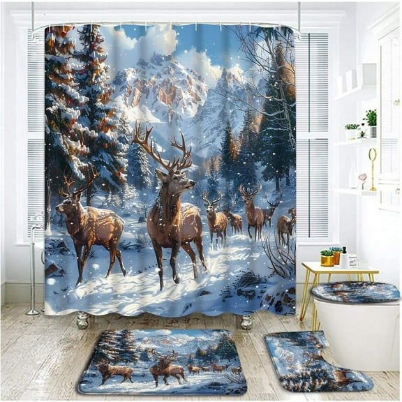 4 PCS Winter Forest Deer Shower Curtain Set with Rugs, Toilet Lid Cover ,Christmas Reindeer Snowy Montains Pine Trees Hunting Animal Rustic Cabin Farmhouse Scenery Bathroom Shower Curtain with Hooks