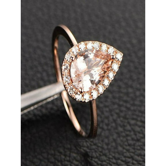 1.25 Carat Peach Pink Morganite (pear cut Morganite) and Diamond Engagement Ring in 10k Rose Gold