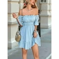 thumbnail image 6 of Women'S Summer Off Shoulder Mini Dress Ruffle Sleeve Elastic Waist Ruffle Hem Cute Beach Elegant Short Dresses Blue S, 6 of 9