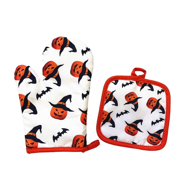 Oven Mitts and Pot Holders Set, Heat Resistant Insulated Kitchen Gloves and Mat, Microwave-Safe Baking Mitts and Countertop Protector, Halloween Kitchen Cooking Set for Home Use