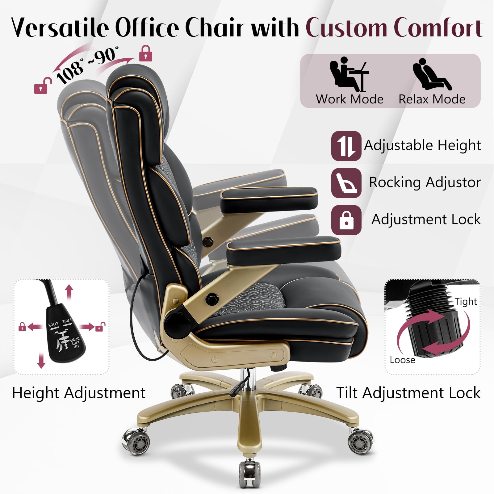 Falvinoryn Big and Tall Office Chair 500LBS, Ergonomic High Back Executive Office Chair, Adjustable Lumbar Support, Flip Arms, Locking Wheels Large Computer Desk Chair, Black