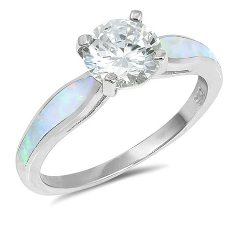 CHOOSE YOUR COLOR Clear CZ Solitaire White Simulated Opal Wedding Ring Sterling Silver Band (White Simulated Opal/Ring Size