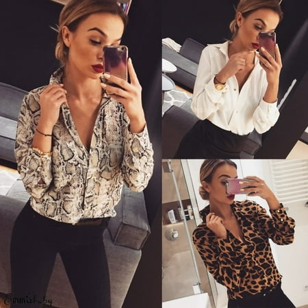 Women V Neck Ladies Leopard Print Long Sleeve Loose TShirt Tops Blouse