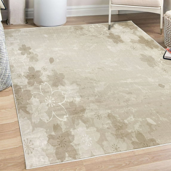 Nature Decorative Rug, Cherry Blossoms Pattern in Shabby Form Style Flourish Themed Art Print, Quality Carpet for Bedroom Dorm and Living Room, 6 Sizes, Pale Sepia, by Ambesonne