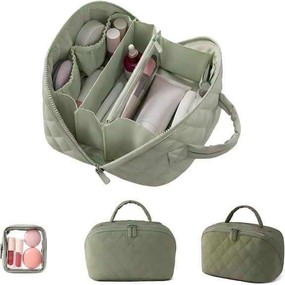 GASTROPOD 2026 New Travel Makeup Bag for Women,180° Lay-Flat Design,Large Capacity Makeup Organizer Pouch Open Flat Toiletry Bag,Triple-Proof Interior,Portable Puffer Cosmetic Bags,Brushes (Green)