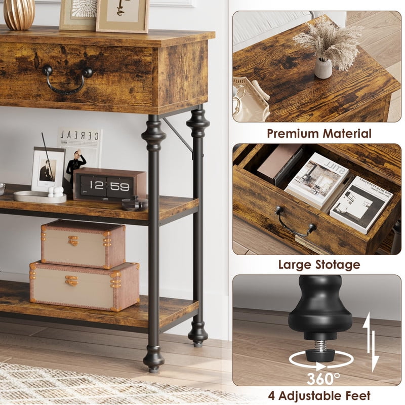 TROPOW Slim Industrial Console Table with 2 Drawers & 2 Shelves – 39.4” Space-Saving Entryway & Behind Couch Table, Vintage Brown Farmhouse Design for Hallway, Living Room & Small Spaces