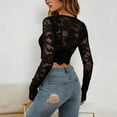 thumbnail image 4 of Women T Shirts Lace Trim Long Sleeve Crop Top Slim Fit Crewneck Ladies Tops and Blouses Black L, 4 of 6
