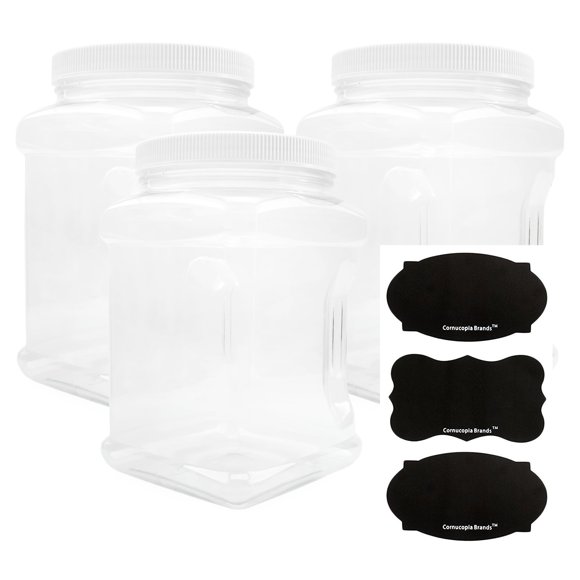 Cornucopia Brands 3-Pack Square 64oz 1/2 Gallon Plastic Canisters; 8-Cup Capacity Clear Jars w/Lids & Chalk Labels, BPA-Free Lightweight PET #1 Plastic