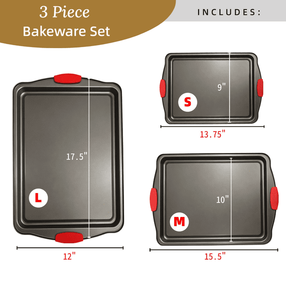 3pcs Nonstick Carbon Steel Oven Baking Pans Set With Detachable Silicone Handles Canyon Red Handles silicone , Premium Non-Stick Steel Bakeware Set, Commercial Grade Restaurant Quality Rimmed Sheets,