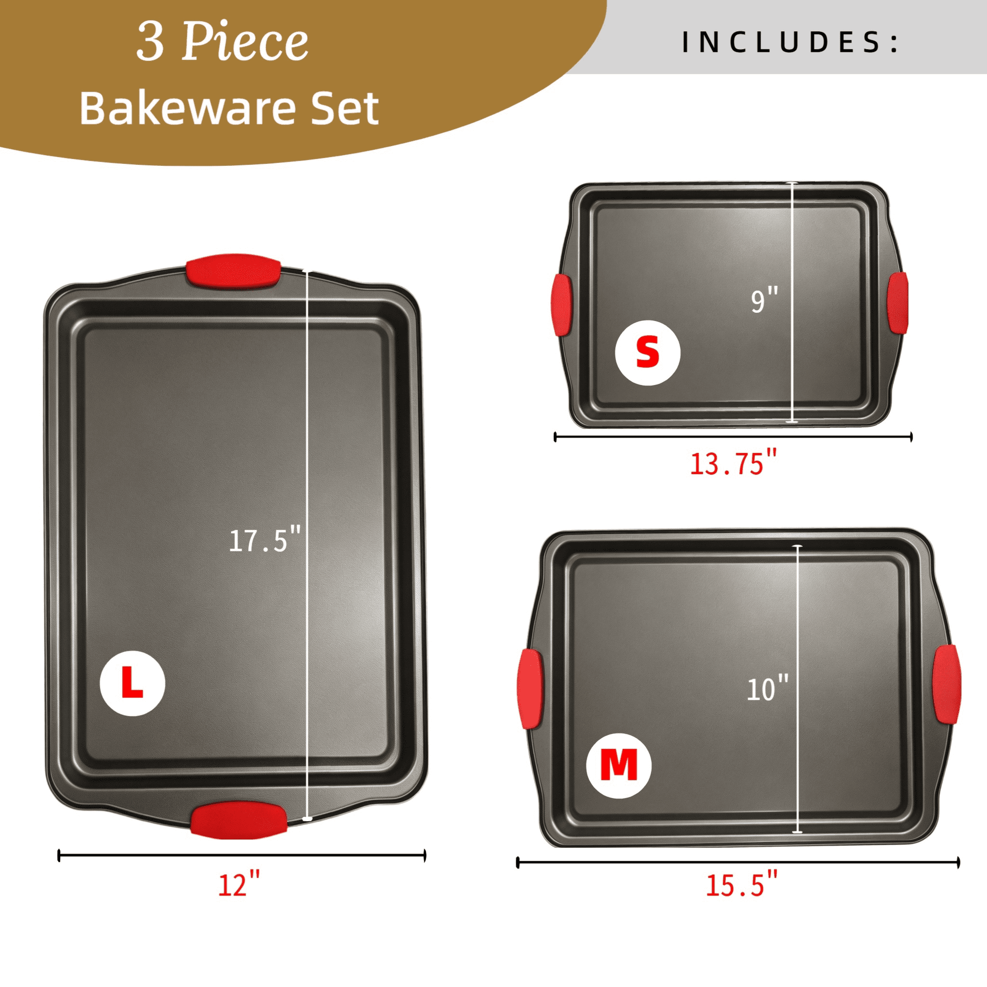 3pcs Nonstick Carbon Steel Oven Baking Pans Set With Detachable Silicone Handles Canyon Red Handles silicone , Premium Non-Stick Steel Bakeware Set, Commercial Grade Restaurant Quality Rimmed Sheets,