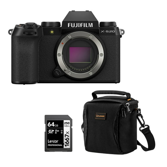 Fujifilm X-S20 Mirrorless Camera, Black, Bundle with 64GB SDXC Memory Card and Shoulder Bag