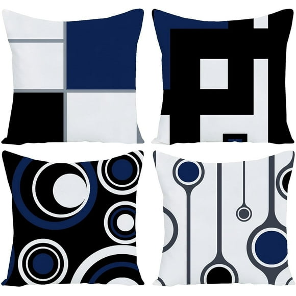 Housses de Coussin Géométriques Bleu Foncé Ensemble de 4 16x16 Pouces Housse de Coussin Décorative pour Canapé Jeté pour Sofa Chambre Housse de Coussin en Lin Style Ferme pour Décoration Extérieure de la Maison Ajoute un Charme Moderne