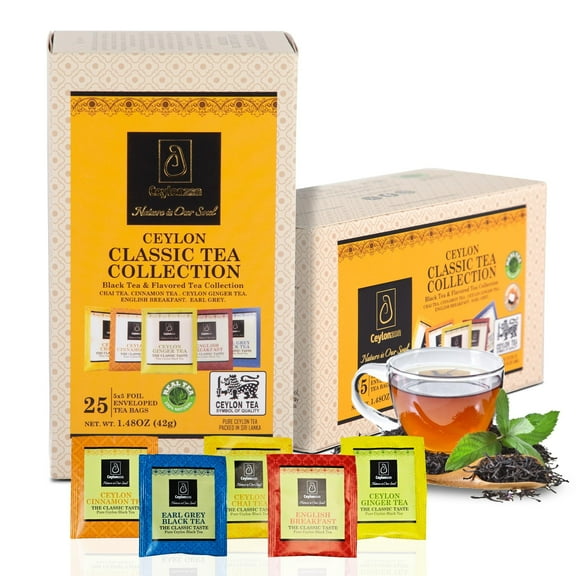 Ceylonzon Variety Pack Premium Ceylon Tea, Cinnamon, Ginger, Chai, English Breakfast & Earl Grey, 25 Count