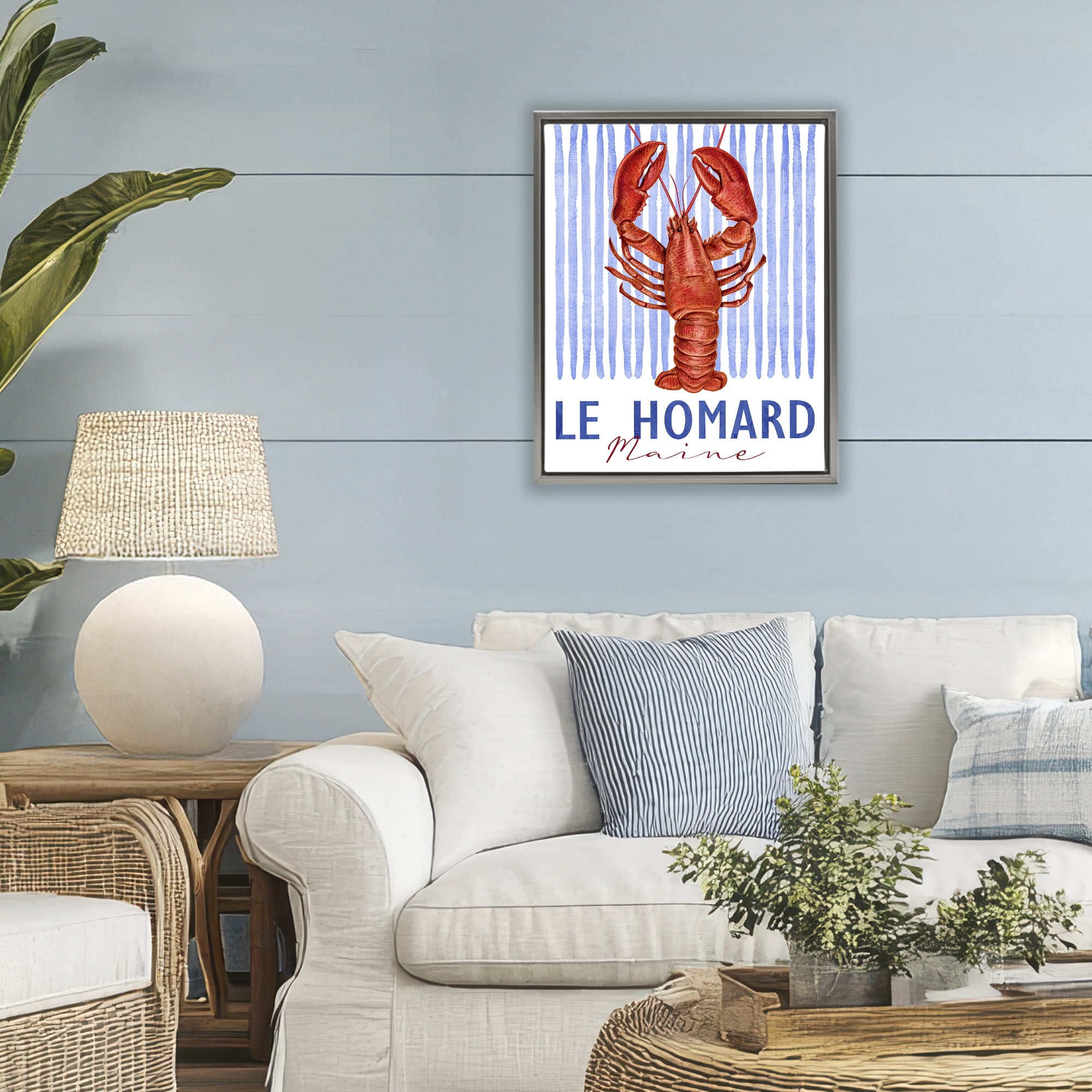 Stupell Industries Le Homard Nautical Stripes Gray Framed Floater Canvas Wall Art, design by Kim Allen