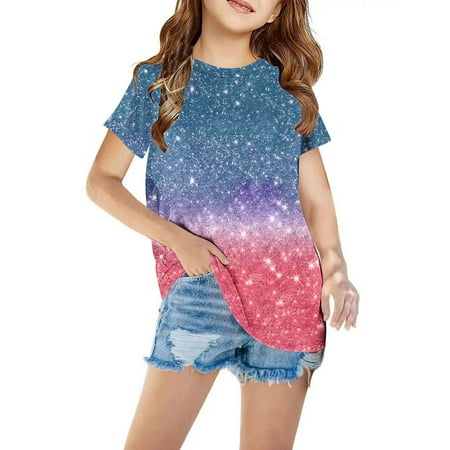 BLTIBY 2025 Toddler Girls Boys T-shirt Summer Round Neck Short Sleeve Printed Tee Kids Casual Fashion Pullover Top Sky Blue 7-8 Years