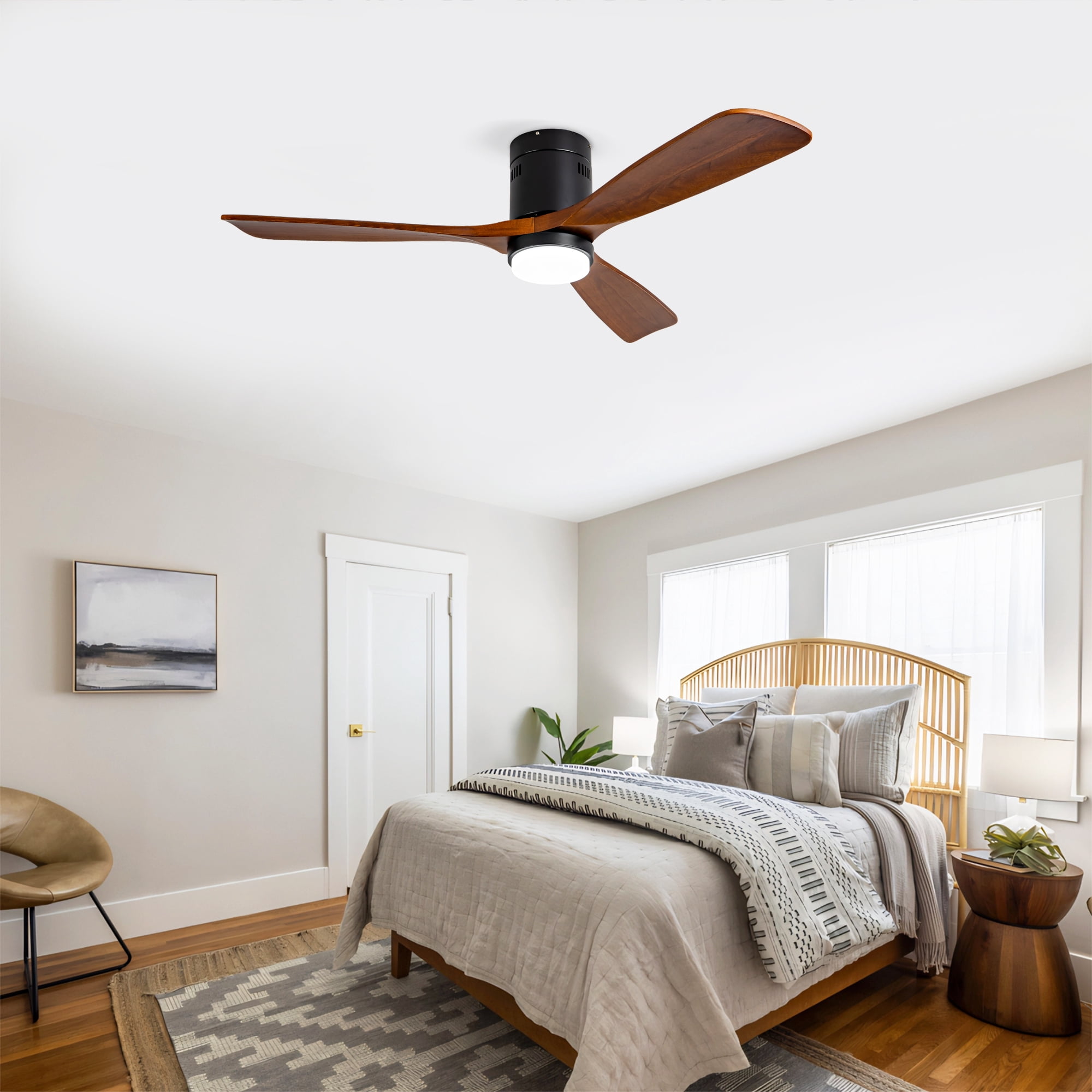 Ceiling Fan with Lights, 52 Inch Flush Mount Remote Control Wood Blades Ceiling Fan for Bedroom Farmhouse Indoor, Black