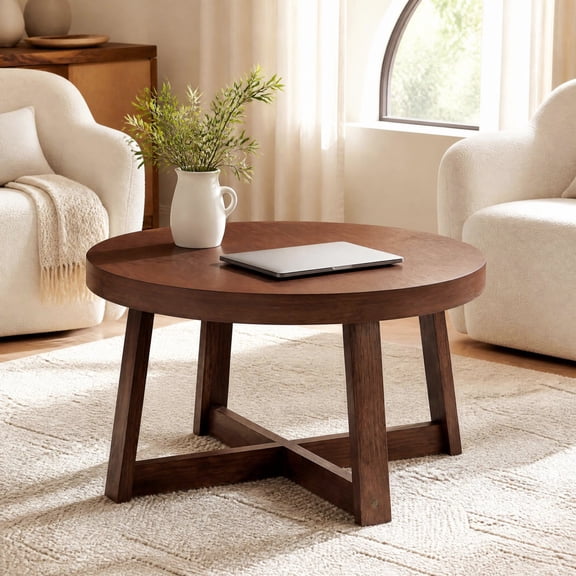 Costway 30" Wood Round Coffee Table with Thickened Top Cross-shaped Support Frame for Living Room Walnut