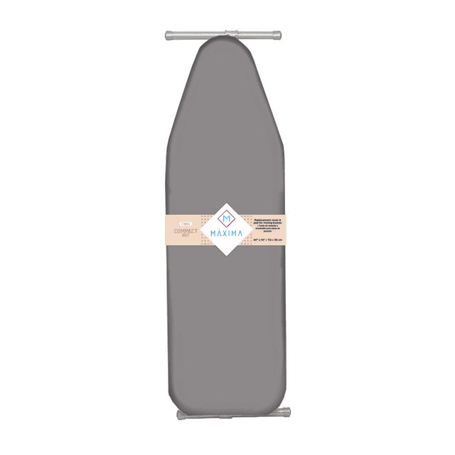 funda para burro de planchar compact silver best 112 x 36 cm antideslizante repelente de liquidos maxima hogar vista frontal centrada de funda gris plata 112 x 36 cm, silueta alargada con punta redondeada y superficie acolchada de tela 100% algodón; borde elástico perimetral para ajuste y banda de empaque con logo Máxima Hogar; incluye capa interna de fieltro de 6 mm según especificaciones, diseño de una sola pieza para instalación fácil; adecuada también para renovar o proteger tablas de planchado compactas.
