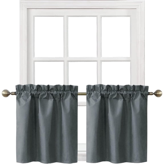 MKEUDQ-Blackout Rod Pocket Tier Curtains for Small Window, Short Room Darkening Basement Curtains, Cafe Drapes, 2 Panels, 26 W x 24 L Inch Each, Charcoal
