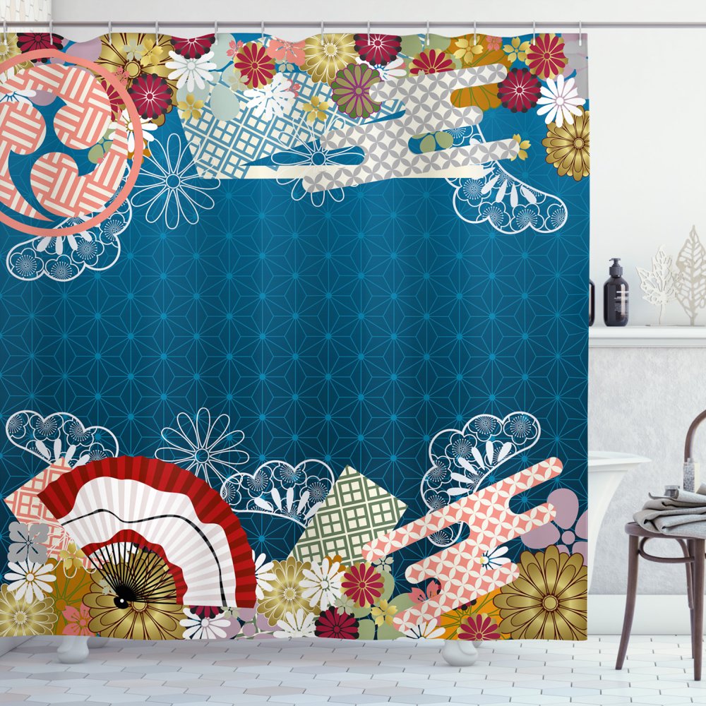 Modern Shower Curtain, Japanese Contemporary Asian Artful with Flowers