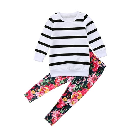 

2-7 Years Kids Baby Girls Clothes Striped Tops T Shirt+Floral Leggings Outfit Set