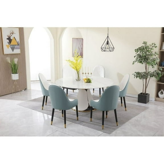 Wohh Luxury 7 Pieces Retractable Dining Table Set,59*30inch Marble Multi-functional Dining Table,1 Sintered Stone Round Table with 6 High Back Blue Chairs for Dining Room