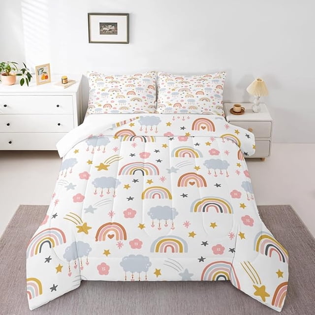 YST Girls Rainbow Comforter Full Size Colorful Stripes Comforter Set for Kids Children Multicolor Bedding Set Room Decor Cute Kawaii Girly Duvet Set