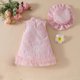 thumbnail image 5 of Vestido sin mangas de cuello redondo hasta la rodilla para niñas de verano, color sólido, cuello alto, estampado floral, lazo de malla, vestido decorativo + sombrero, conjunto de dos piezas, vestido d, 5 of 8