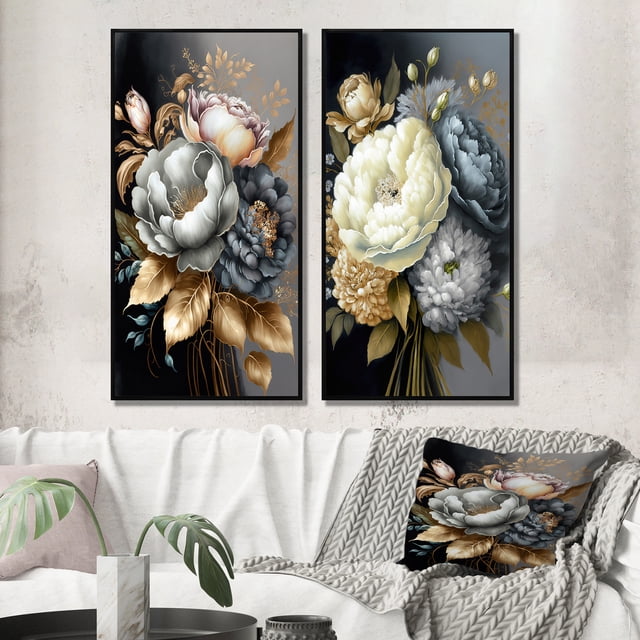 Designart "Blue Blooms in a Bouquet V" Bouquet Framed Wall Art Set Of 2 - Blue Floral Framed Wall Art Set Of 2