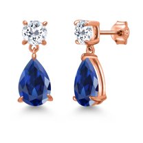 Gem Stone King 18K Rose Gold Plated Silver Blue Created Sapphire and White Topaz Teardrop Dangle Drop Earrings for Women (8.94 Cttw, Gemstone Birthstone, Pear Shape 12x8MM, Round 6MM)