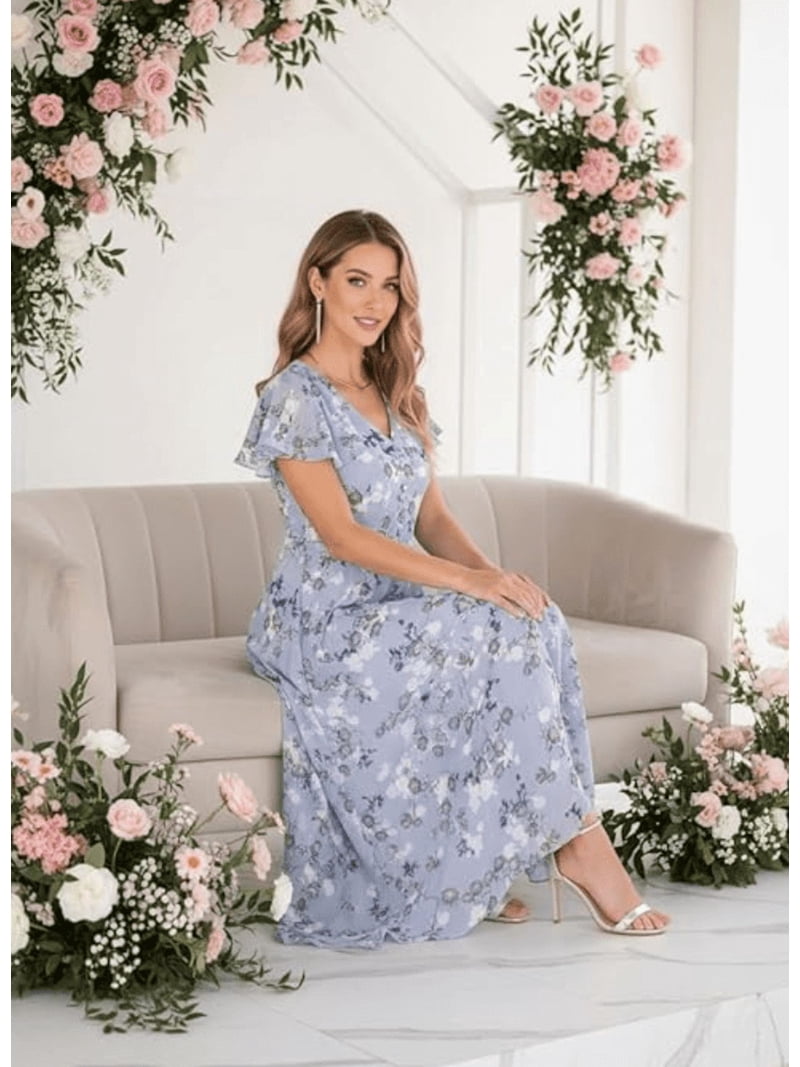 Women's Elegant Boho Floral Chiffon Maxi Dress Casual Summer V Neck Ruffle Short Sleeve Flowy Dresses