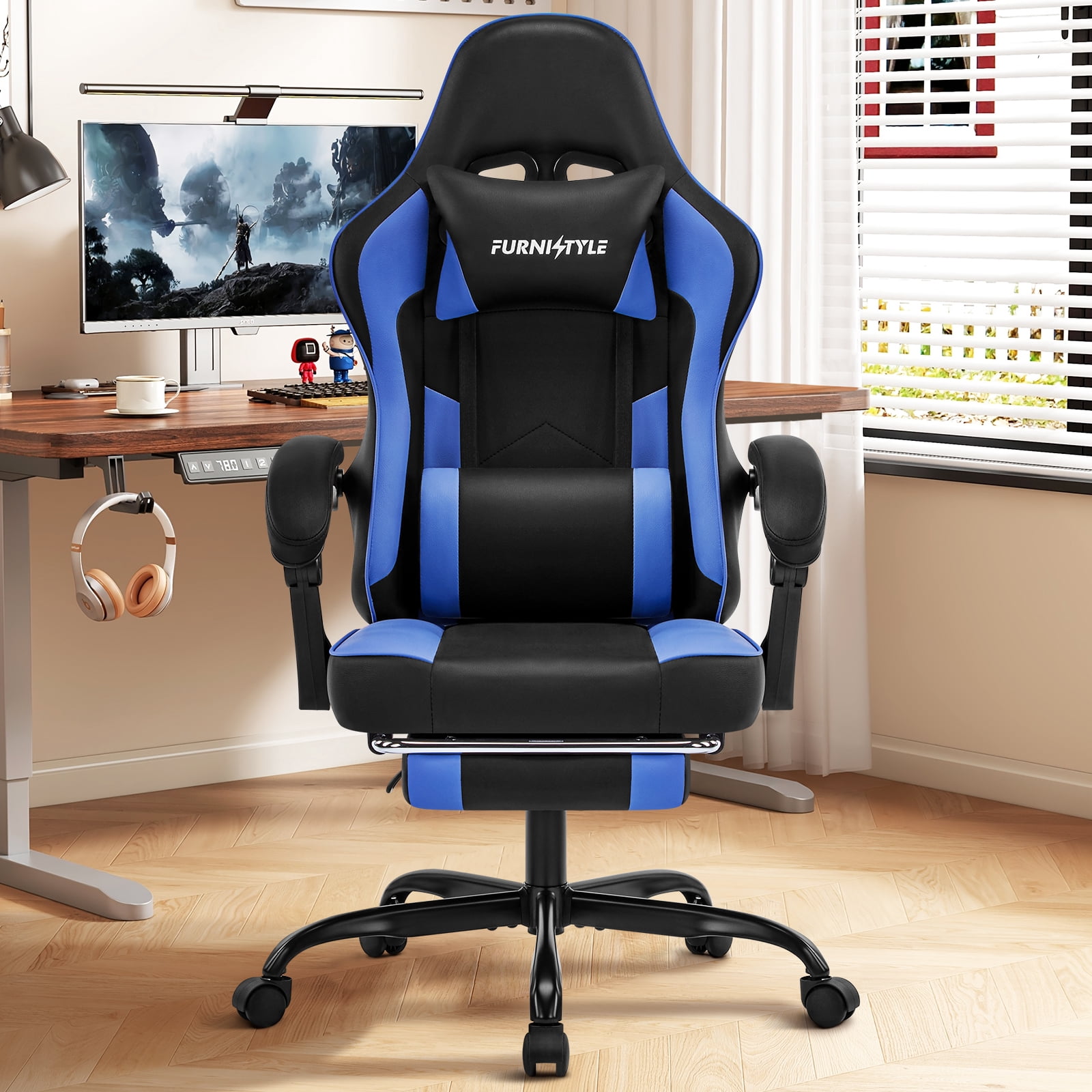 Falvinoryn Gaming Chair, Video Game Chair with Headrest and Lumbar Support,High Back Ergonomic Computer Chair with Footrest,Swivel Desk Office Chair, Blue