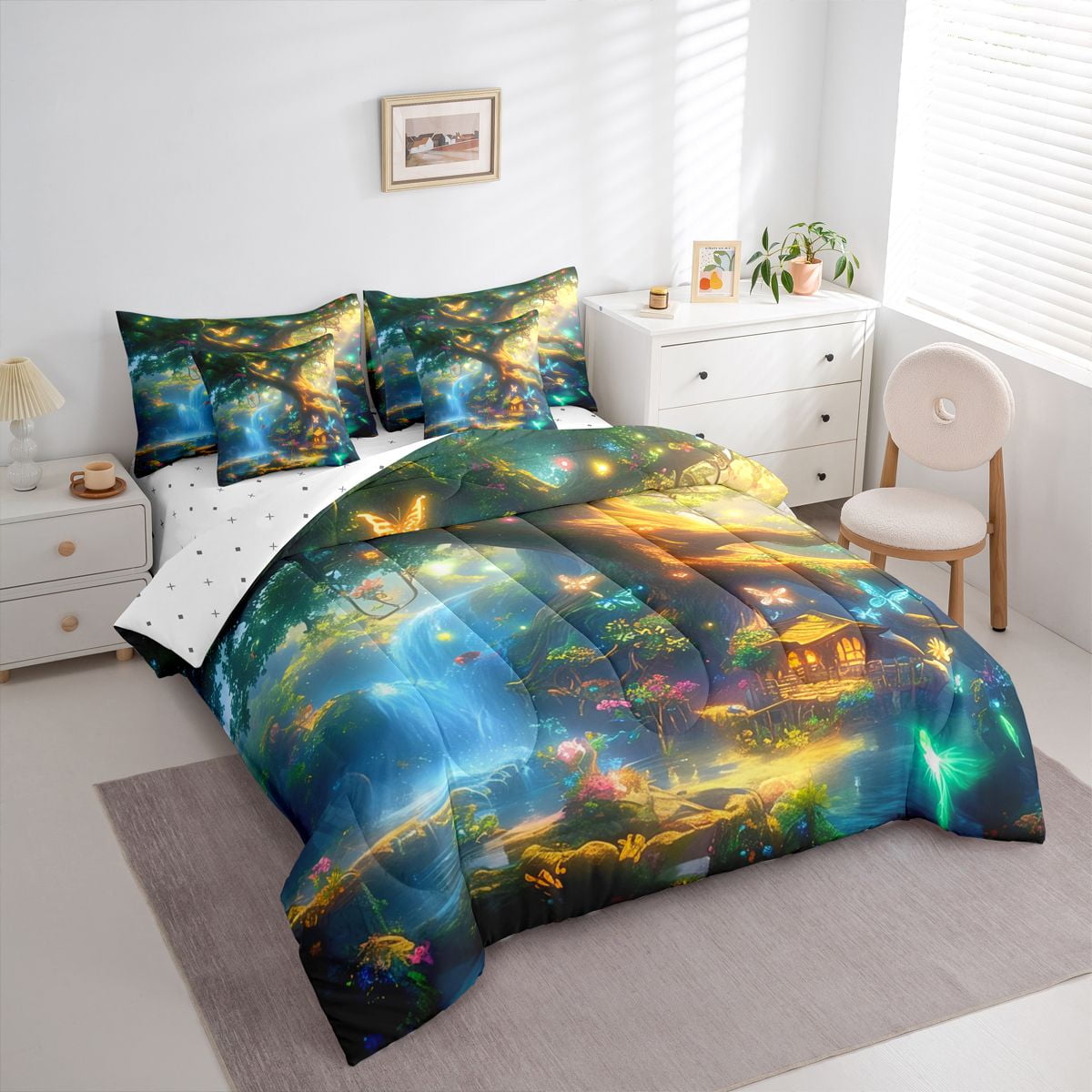 Homewish Natural Scenery 7-Piece Twin Bedding Sets,Neon Dreamy Butterfly Bedding Comforter Set,Blue Green Gold Sheet Sets For Girls Kids,Luxury Bedroom Decor Reversible
