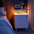 thumbnail image 3 of Modern LED Nightstand with 4 Acrylic Columns and Top Shelf, Wooden End Table with Storage Cabinet, Side Table with Horizontal Stripe Finish, Bedside Table for Bedroom Living Room, White, 3 of 9