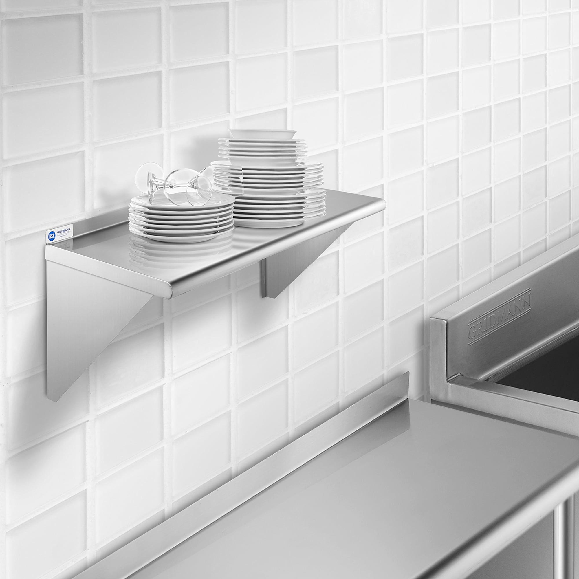 GRIDMANN 14" x 24" NSF Stainless Steel Kitchen Wall Mount Shelf w/ Backsplash