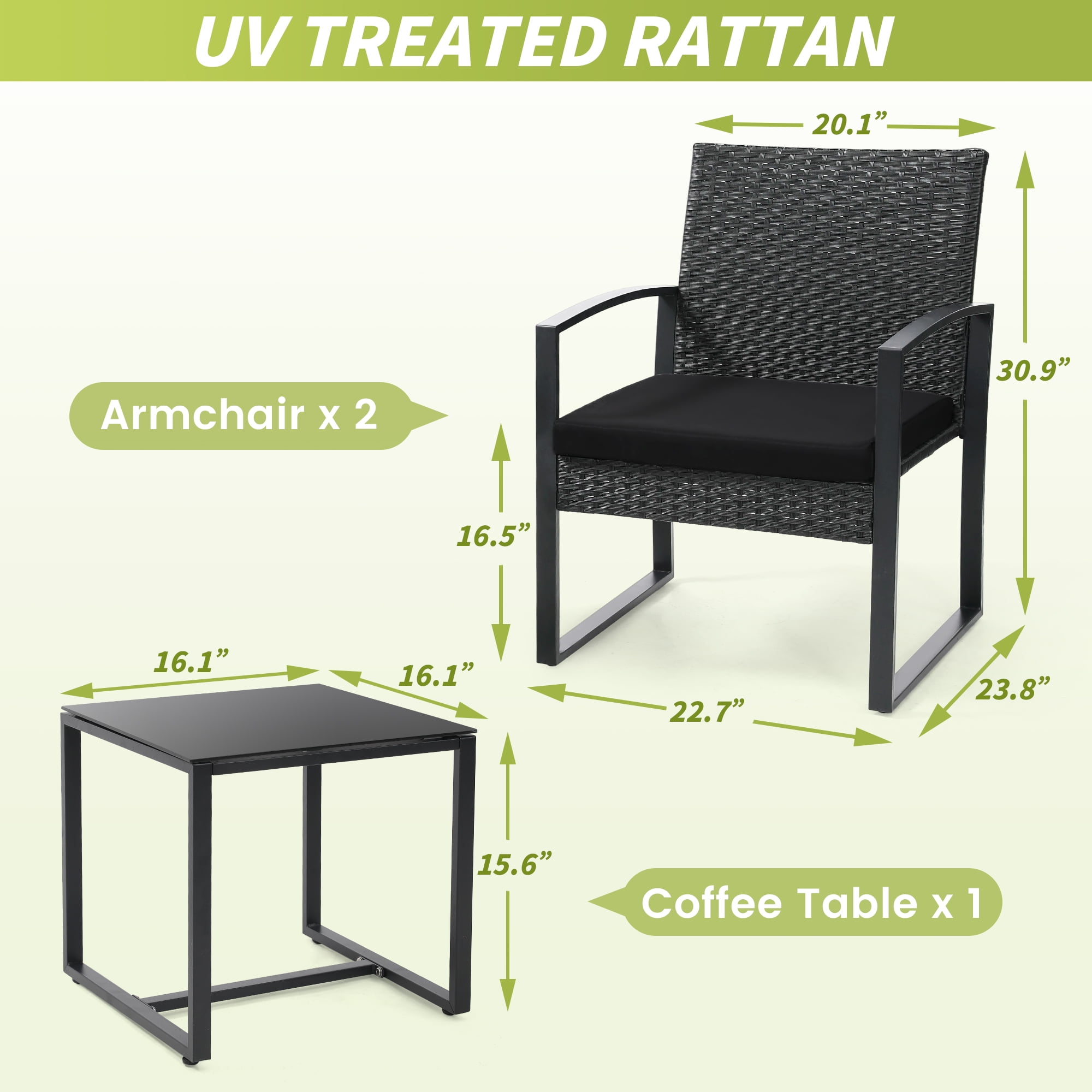 LOGYAT 3 Piece Wicker Patio Bistro Set, All-Weather Rattan Conversation Set with Glass Top Coffee Table, Perfect for Balcony, Porch, Poolside, Black Frame with Black Cushion