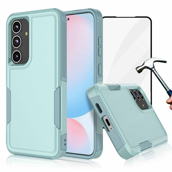 For Samsung Galaxy S24 FE 5G Phone Case, with Tempered Glass Screen Protector, Heavy Duty Rugged Shockproof Full Body Protection Sturdy Durable Cover Cute Bumper for Galaxy S24 FE 5G -Green